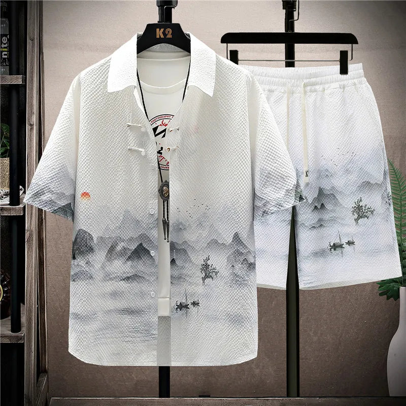 Completo Uomo Camicia Fantasia + Pantaloncini Casual Estivo