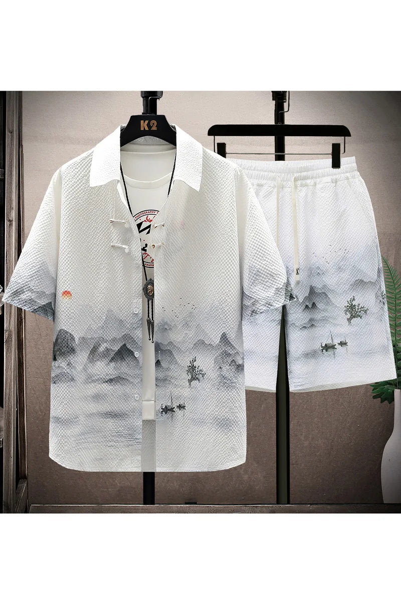 Completo Uomo Camicia Fantasia + Pantaloncini Casual Estivo