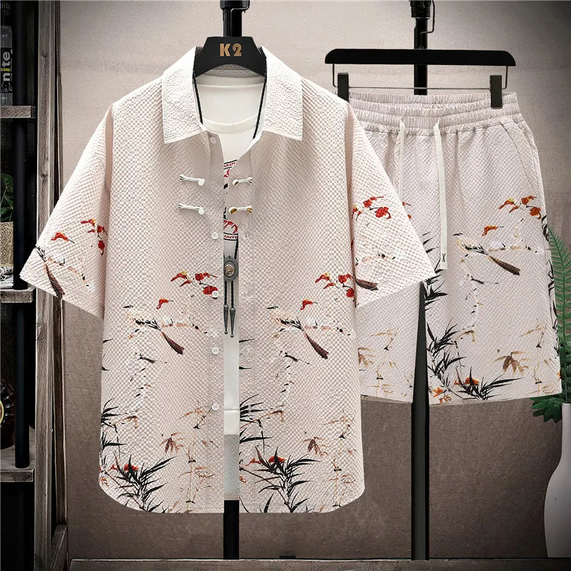 Completo Uomo Camicia Fantasia + Pantaloncini Casual Estivo