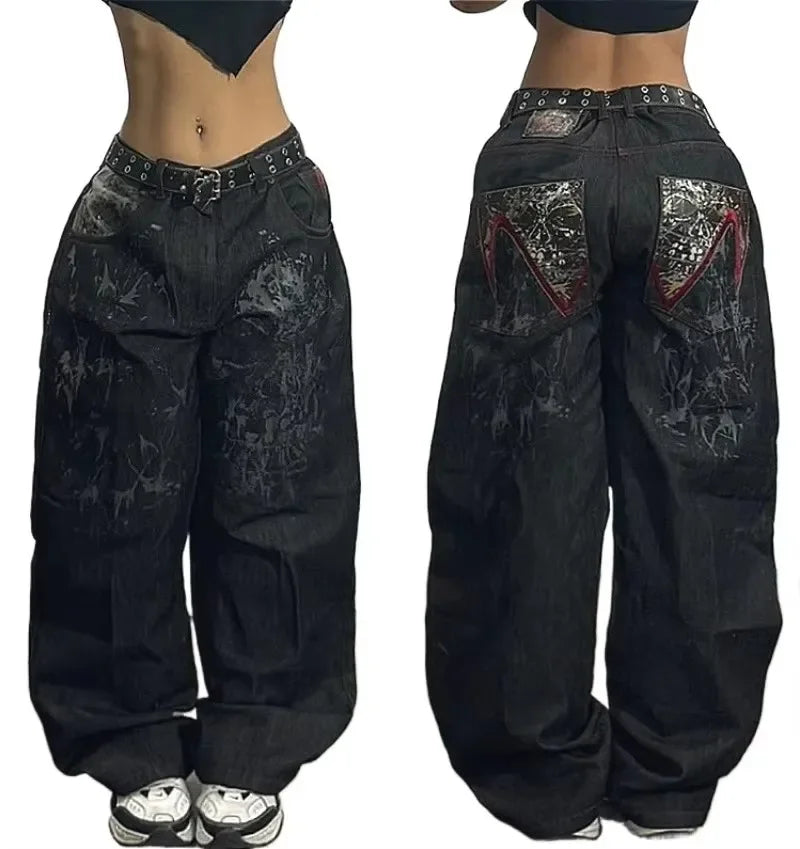 Jeans Y2K Street Style Ricamo Hip-Hop - Vita Alta Gamba